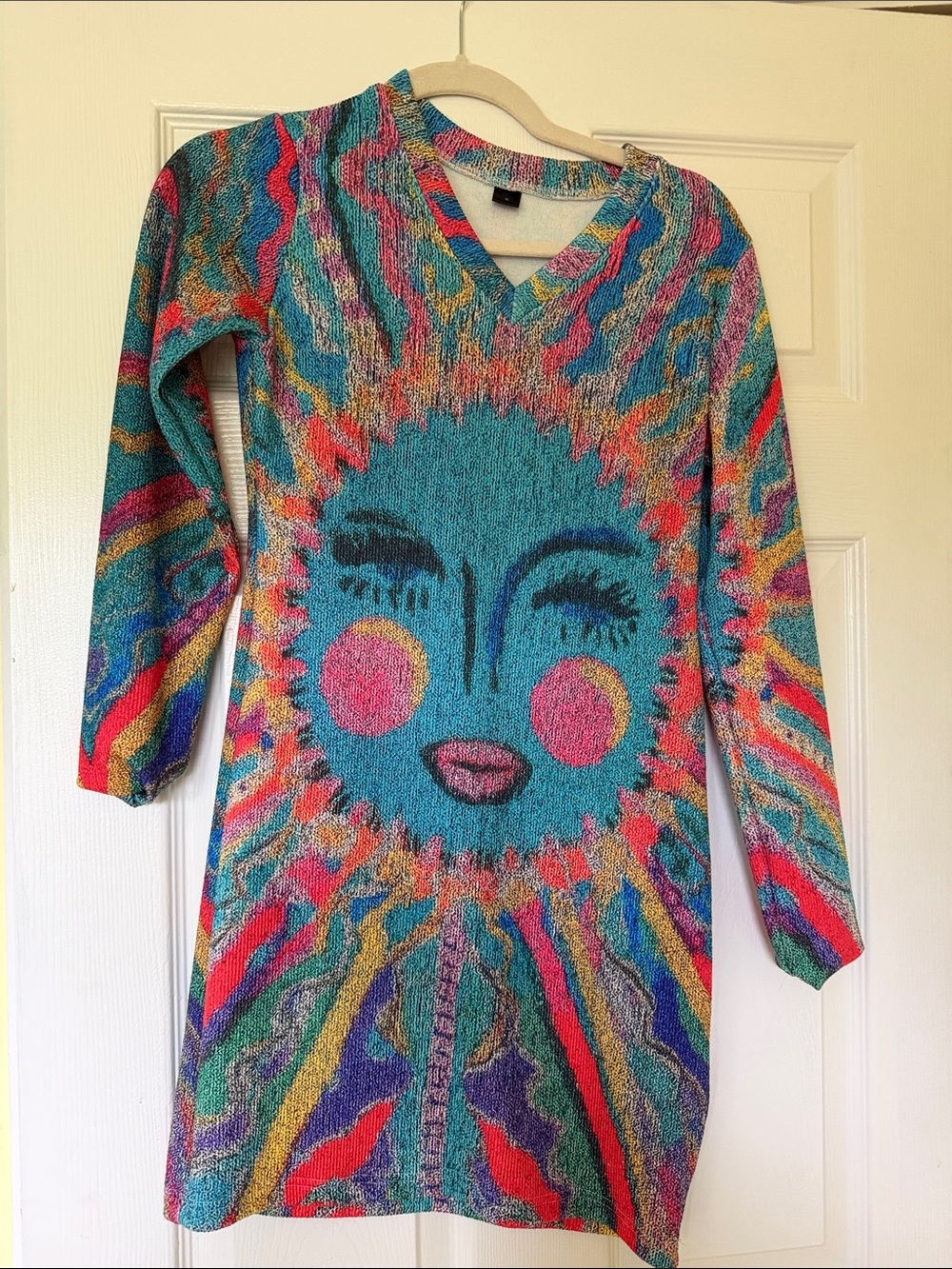 Vibrant Sun Face Knit Sweater Dress in Teal & Multicolor